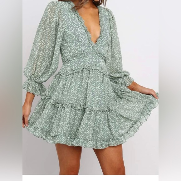 Fall Spring Deep V Neck Ruffle Long Sleeve Floral Print Mini Dress - Picture 8 of 9